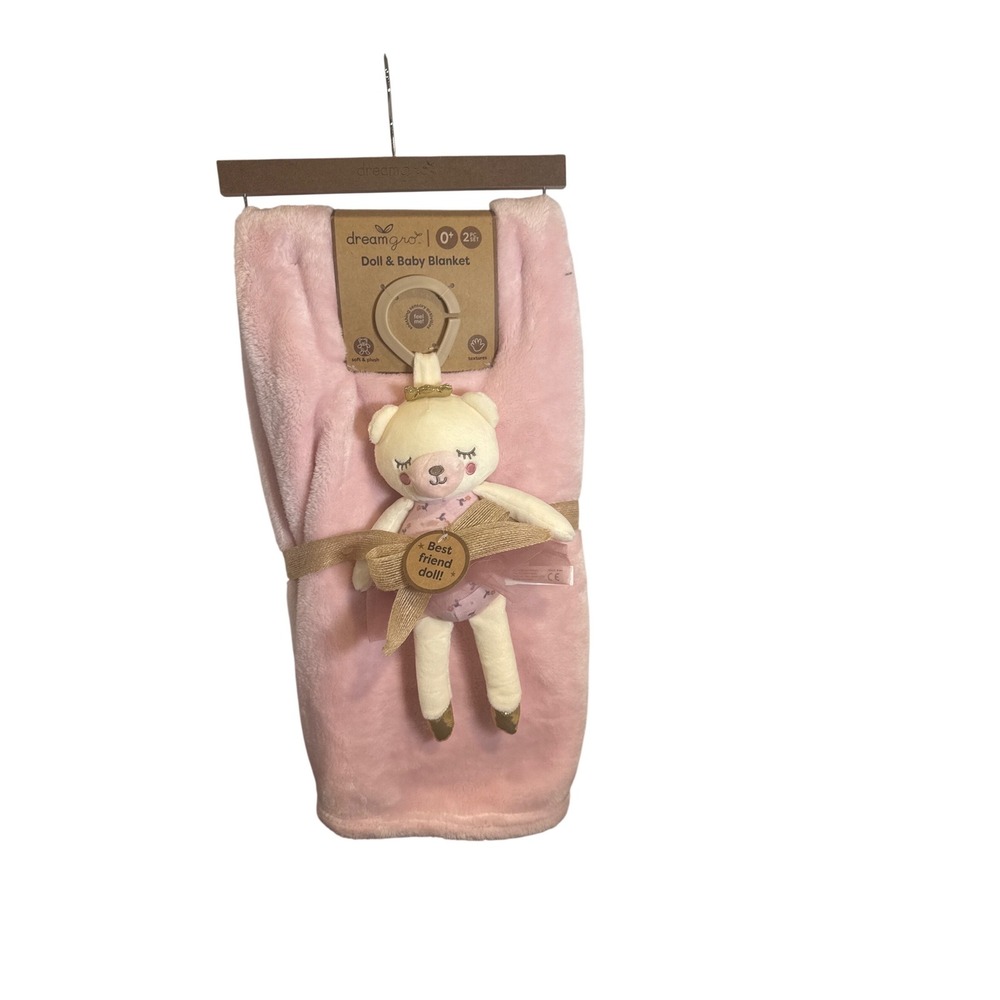 Dreamgro Pink Plush Baby Blanket and Bear‎ Doll Set DB129-PK 30x40 New